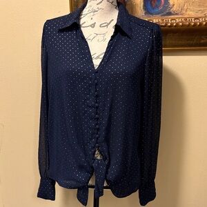 Bardot Button-Down Collared Polka Dot silver embellishments long sleeve blouse